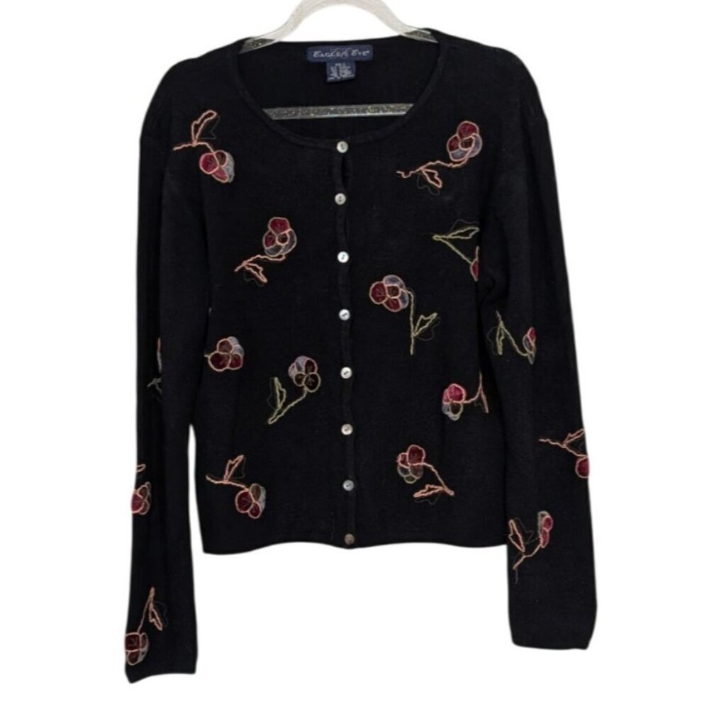 Eagles Eye Floral Applique Cardigan Womens Size Large Black Button Front Sweater